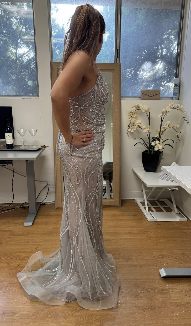 Beaded Mermaid Evening Prom Gown Lace-Up Back Illusion Mesh Bodice by Royal Queen RQ8223