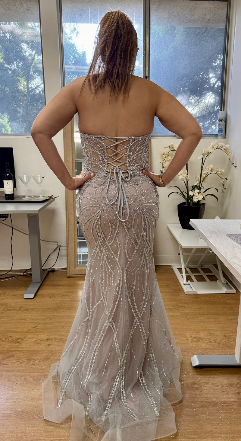 Beaded Mermaid Evening Prom Gown Lace-Up Back Illusion Mesh Bodice by Royal Queen RQ8223
