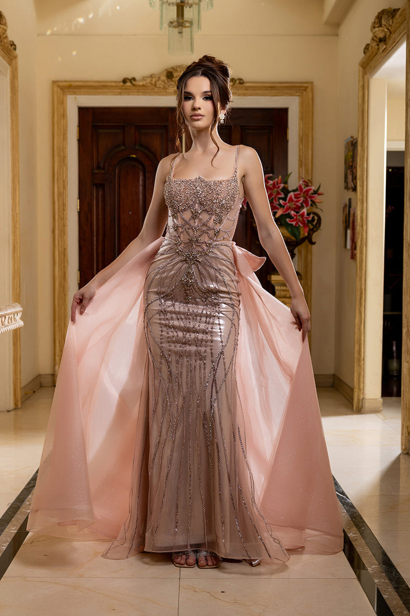 Beaded Mermaid Evening Gown with Detachable Overskirt Sparkly by Royal Queen RQ8234