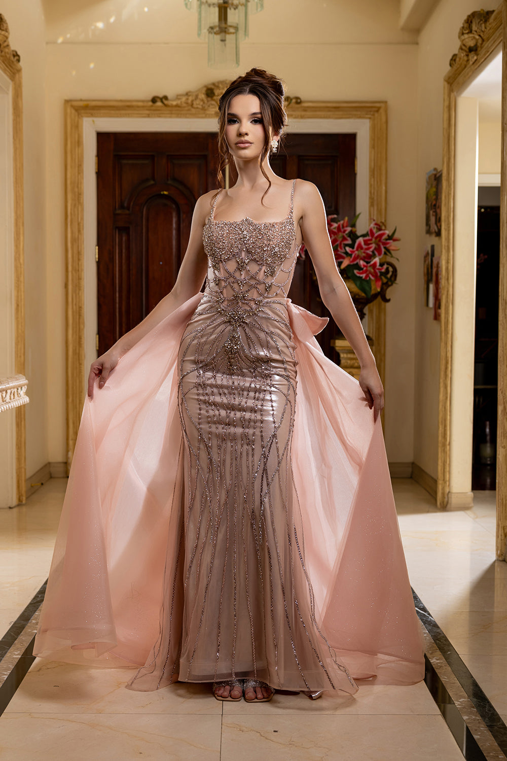 Beaded Mermaid Evening Gown with Detachable Overskirt Sparkly by Royal Queen RQ8234
