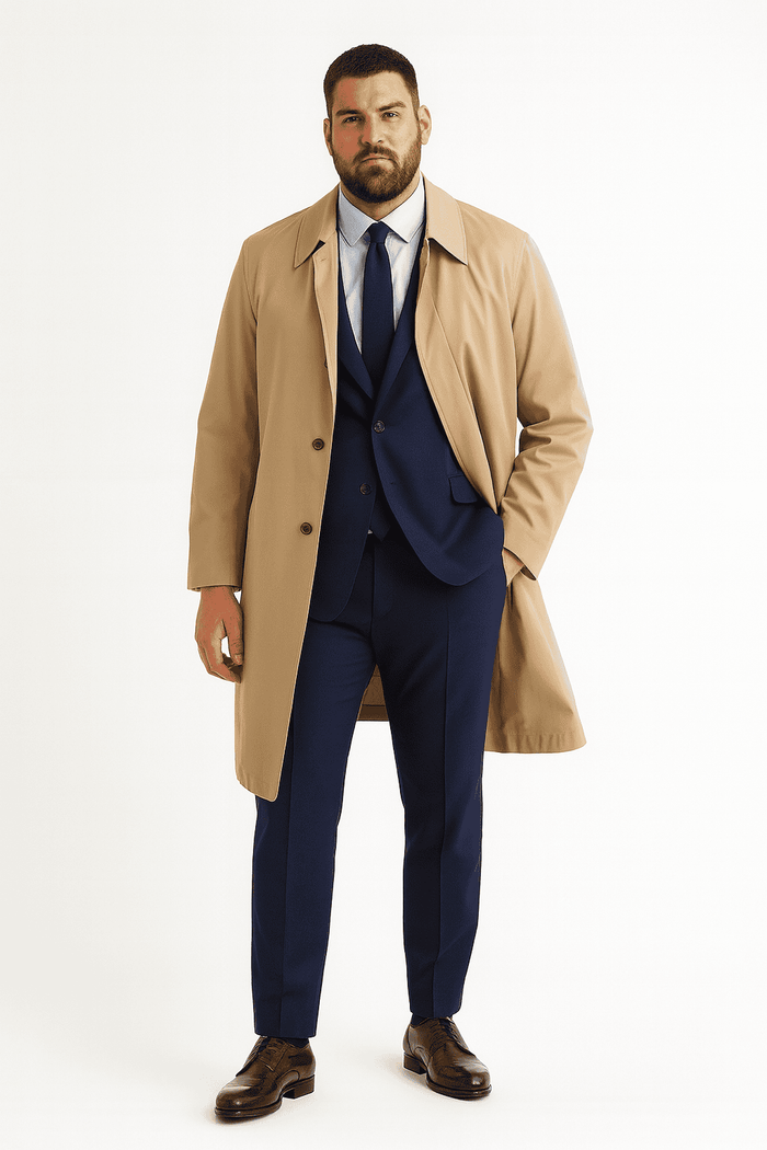 Men's beige trench coat. Classic long overcoat design with a button front closure. Khaki color, structured silhouette, and tailored fit.
