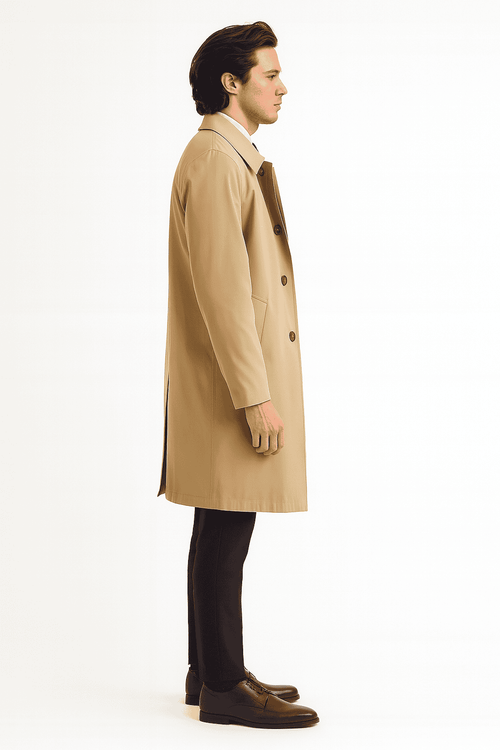 Men's beige trench coat: classic long overcoat. Features button front, side slits, notched collar, and solid khaki fabric. Mid-calf length.
