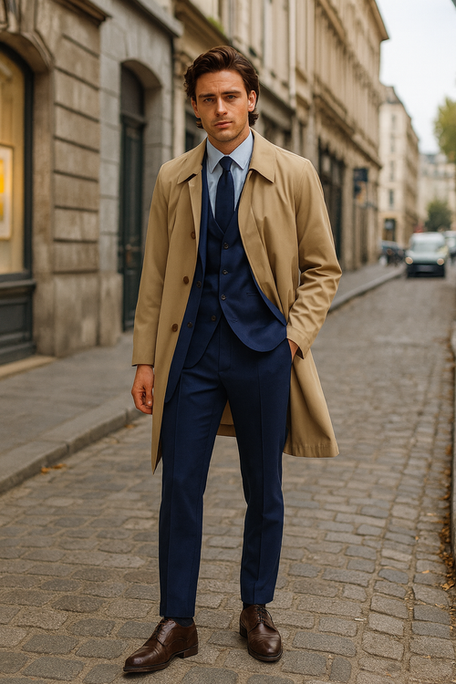 Classic men's beige trench coat. Long overcoat with button front closure, structured silhouette, collar, and long sleeves. Smooth, khaki-colored fabric.
