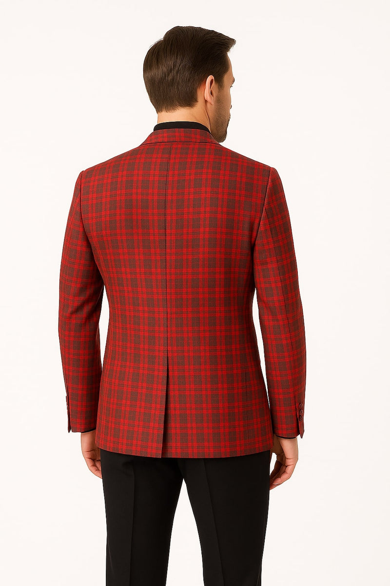 Men's modern fit red plaid blazer with windowpane check. Fitted design, single vent, structured shoulders. Vibrant red with darker red and gray check. Smooth texture, notched lapels, buttoned cuffs.
