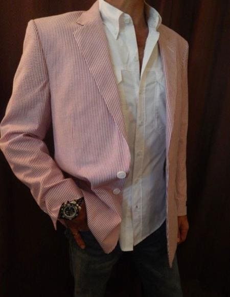 Mens New Years Outfit Mens Red Seersucker Cheap Priced Blazer Jacket For Men ~ Sport Coat