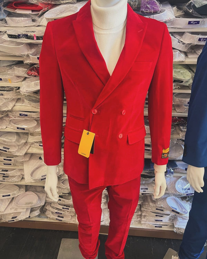 Mens Slim Fit Red Velvet Double Breasted Suit with Peak Lapel â€“ Formal Tuxedo Style
