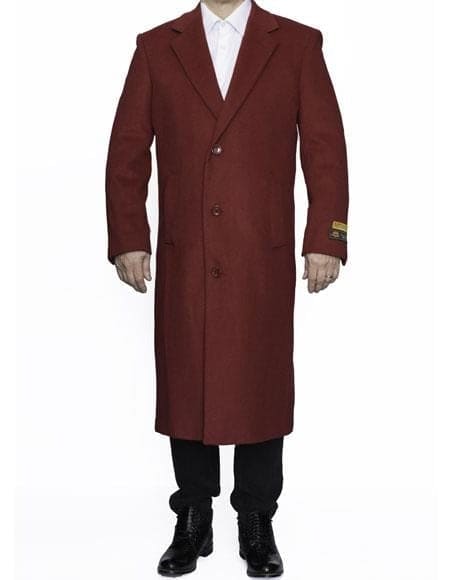 Mens Overcoat -Mens Long Wool Topcoats- Topcoat For Men-Men's Dress Coat Full Length Wool Dress Top Coat / Overcoat In Burgundy Overcoat