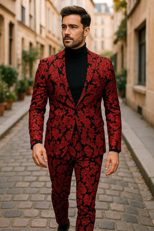 Mens Red and Black Floral Brocade Tuxedo Suit â€“ Two Piece Slim Fit Set