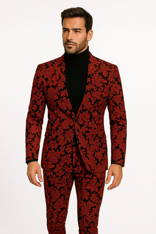 Mens Red and Black Floral Brocade Tuxedo Suit â€“ Two Piece Slim Fit Set