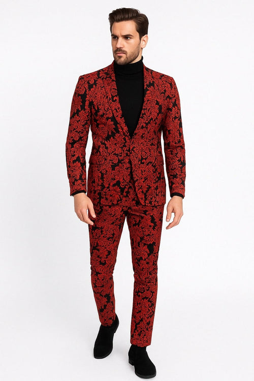 Mens Red and Black Floral Tuxedo Suit â€“ Slim Fit 2 Piece Embroidered Outfit for Weddings, Prom, and Formal Events