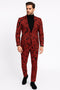 Mens Red and Black Floral Tuxedo Suit â€“ Slim Fit 2 Piece Embroidered Outfit for Weddings, Prom, and Formal Events