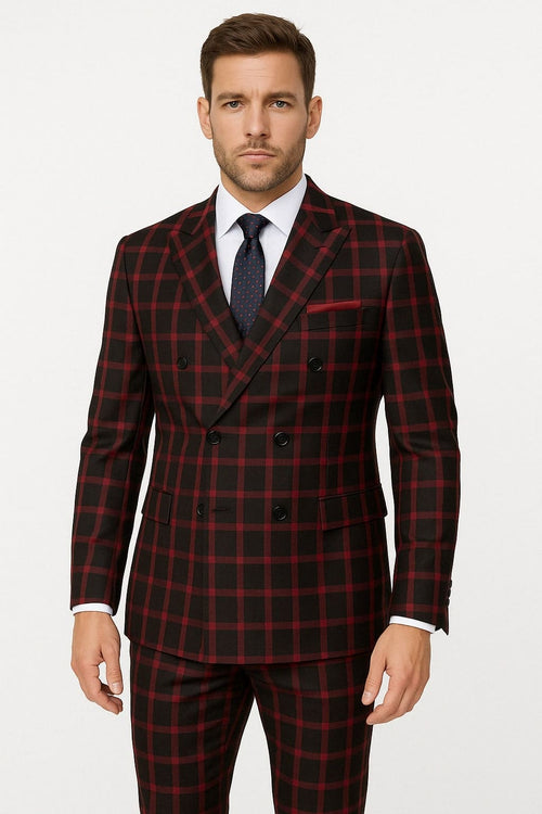 Mens Red and Black Plaid Double-Breasted Suit – Slim Fit Checkered 2 Piece Formal Business Outfit