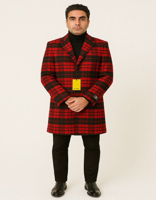 Mens Red and Black Plaid Wool Overcoat – Three Quarter Carcoat - Christmas Coat - Red Peacoat