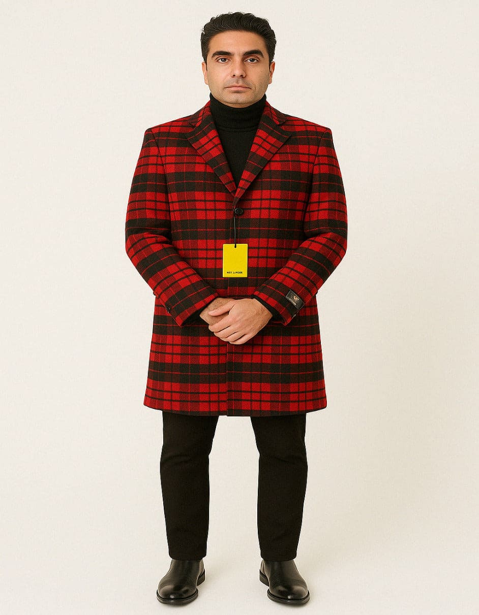 Mens Red and Black Plaid Wool Overcoat – Three Quarter Carcoat - Christmas Coat - Red Peacoat