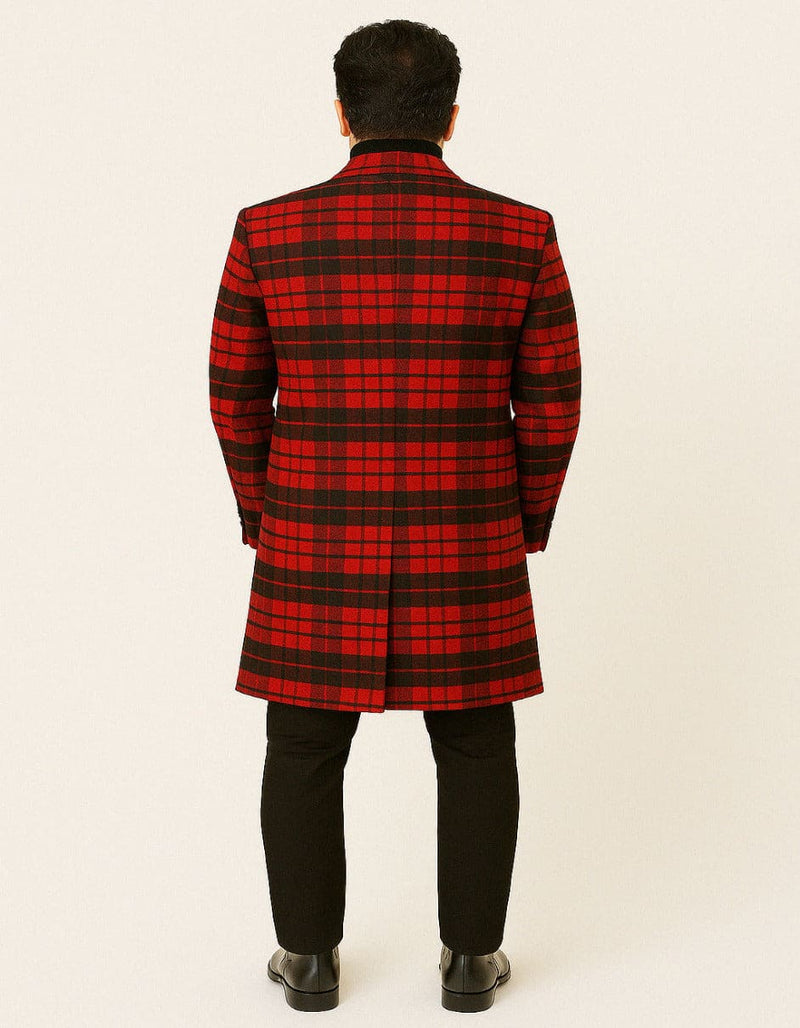 Mens Red and Black Plaid Wool Overcoat â€“ Three Quarter Carcoat - Christmas Coat - Red Peacoat