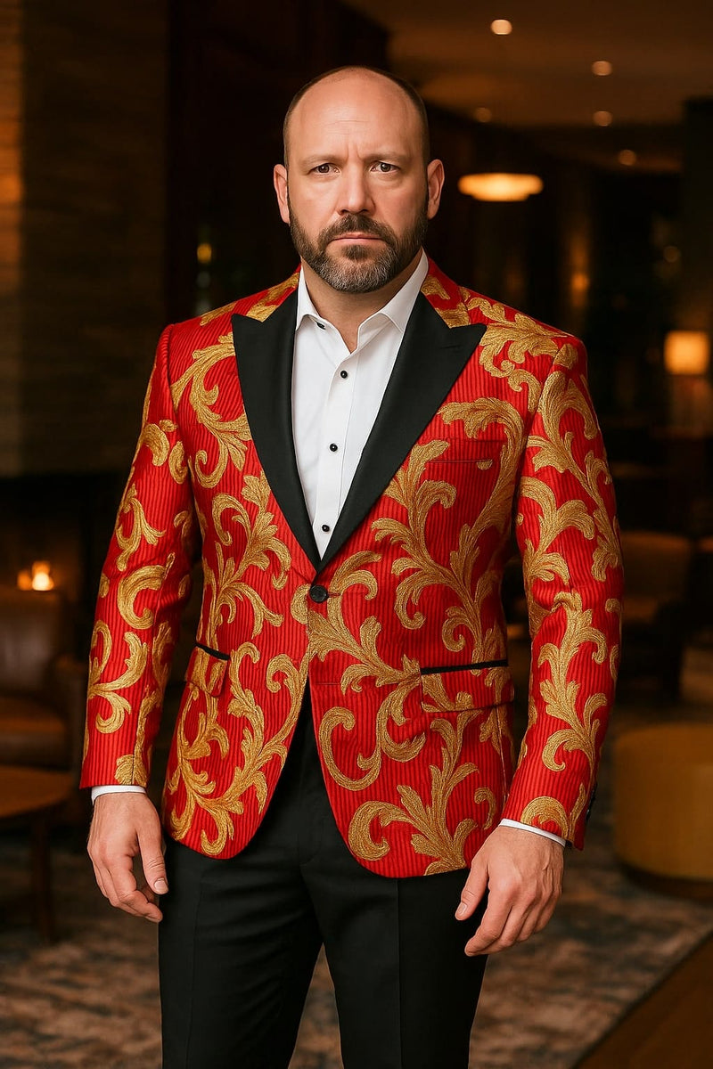 Mens Red and Gold Embroidered Tuxedo Blazer â€“ Baroque Style One Button Dinner Jacket with Black Satin Lapel