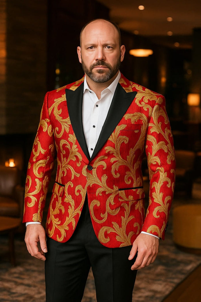 Mens Red and Gold Embroidered Tuxedo Blazer â€“ Baroque Style One Button Dinner Jacket with Black Satin Lapel
