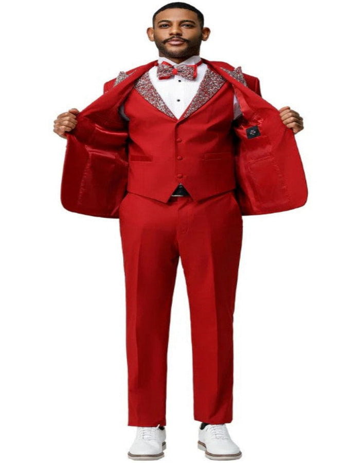 Red and Silver Prom Tuxedo - Perfect Wedding Suit Vested rhinestone sequin Lapelled