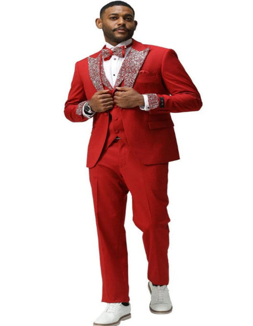 Red and Silver Prom Tuxedo - Perfect Wedding Suit Vested rhinestone sequin Lapelled