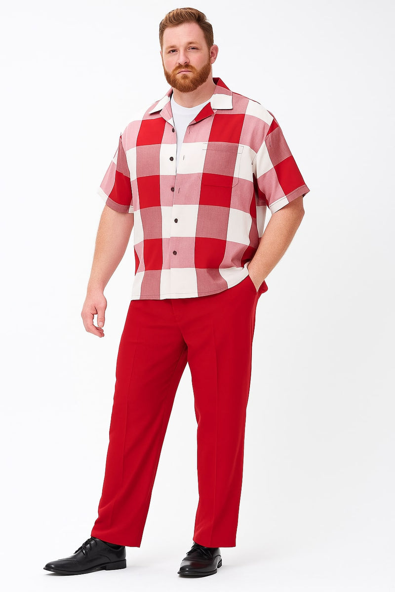 Red and white checkered short-sleeve shirt with camp collar and black buttons. Relaxed fit. Paired with solid red, straight-leg tailored pants.
