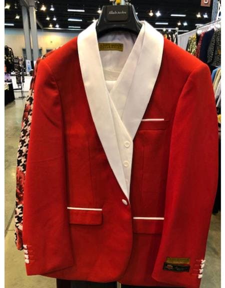 White and Red Tuxedo Men's One Button White Shawl Lapel Suit