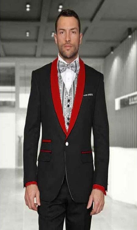 Mens Black Red Shawl 1 Button Modern Fit Two Toned Tuxedo