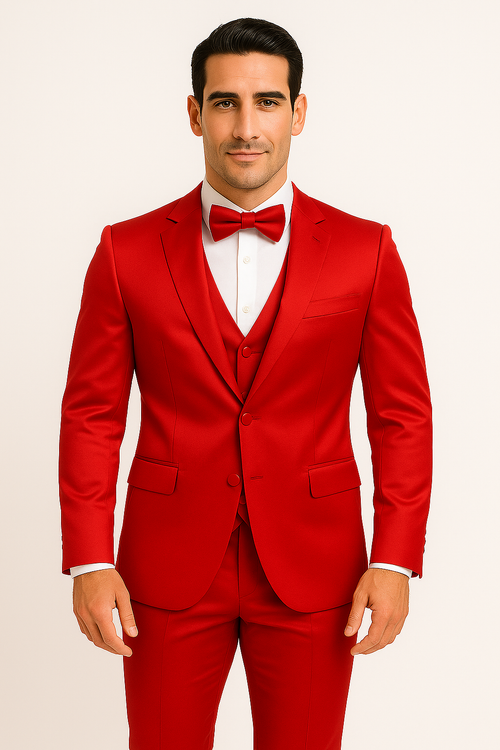 Red majesty tuxedo: fitted, single-breasted jacket, matching pants, vest & bow tie. Shiny, smooth red material. Notch lapel, 2 front pockets. Tailored pants, seamless vest.