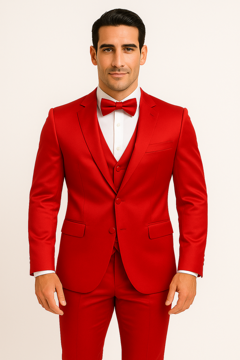 Red majesty tuxedo: fitted, single-breasted jacket, matching pants, vest & bow tie. Shiny, smooth red material. Notch lapel, 2 front pockets. Tailored pants, seamless vest.