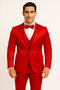 Red majesty tuxedo: fitted, single-breasted jacket, matching pants, vest & bow tie. Shiny, smooth red material. Notch lapel, 2 front pockets. Tailored pants, seamless vest.