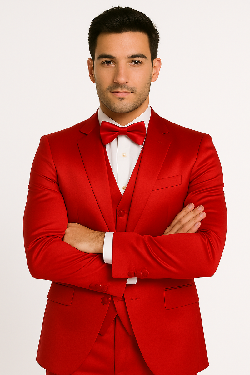 Alberto Nardoni's red tuxedo set: fitted jacket (single-button, notch lapels), matching vest, bow tie, and white dress shirt. Luxurious, shiny fabric.
