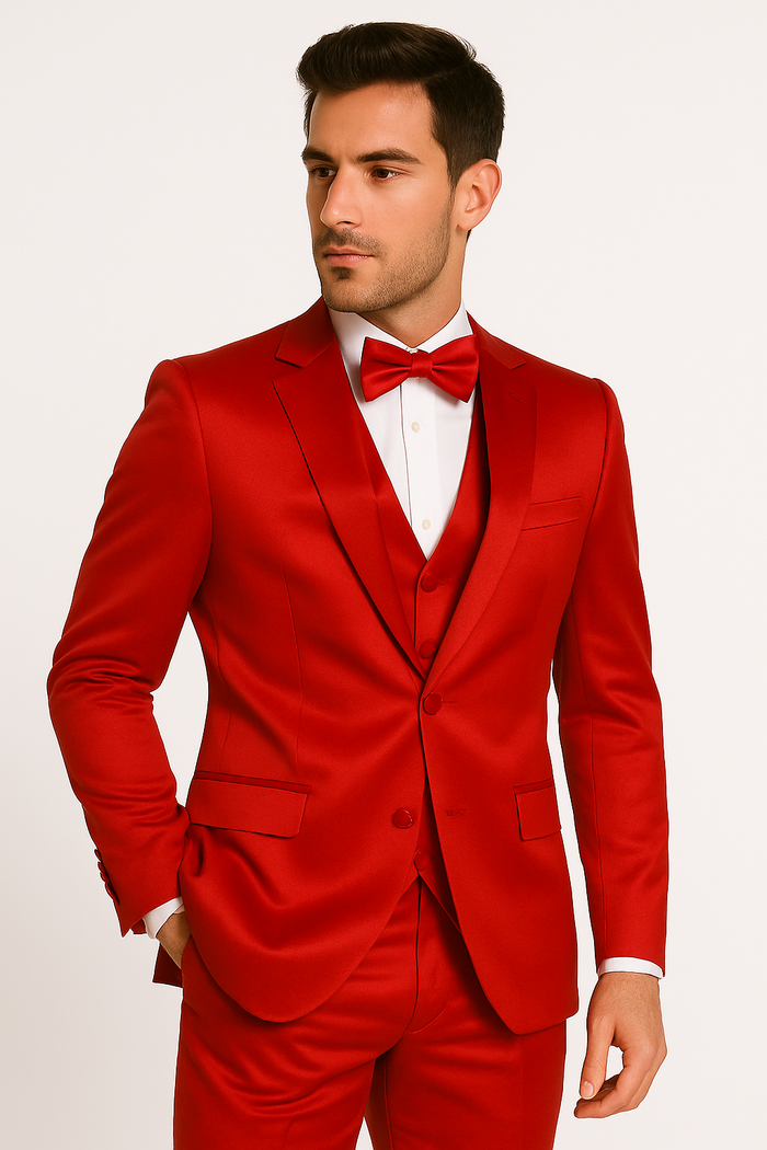 Red tuxedo set: fitted, single-breasted jacket, waistcoat, and trousers. Vibrant red, smooth finish. Jacket: notch lapel, two pockets. Waistcoat: V-neck, buttons. Matching red bow tie.
