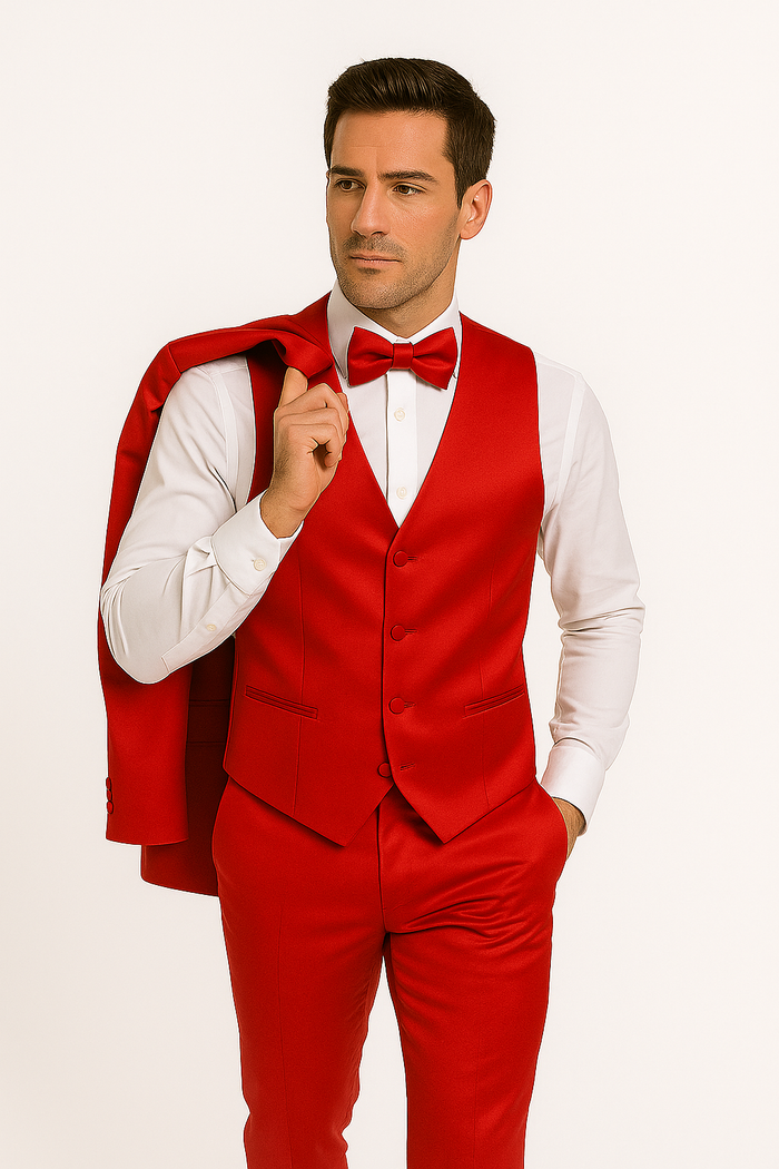 Red tuxedo set: 4-piece, bright red vest, trousers, bow tie, & white shirt. Smooth fabric, 3-button vest w/ pockets. Structured silhouette. Jacket draped over the shoulder.