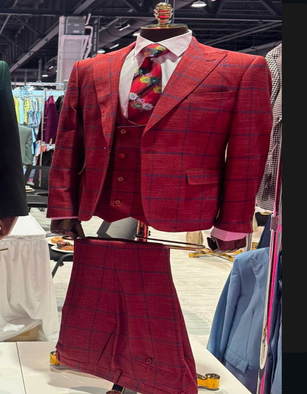 Rossiman Suits Brand - Plaid Textured Double breasted Style - Windowpane Pattern in Color Red and Blue