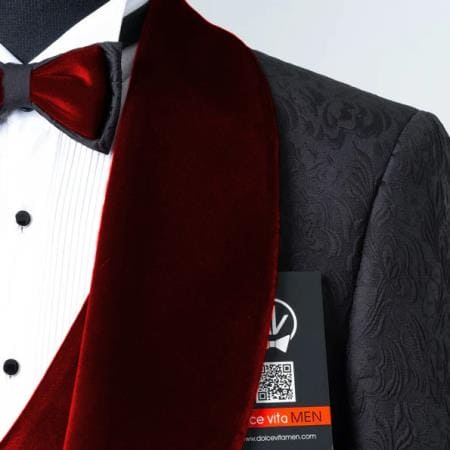 Mens Black With Dark Red Velvet Lapel 3-Piece Tailored-Fit Tuxedo