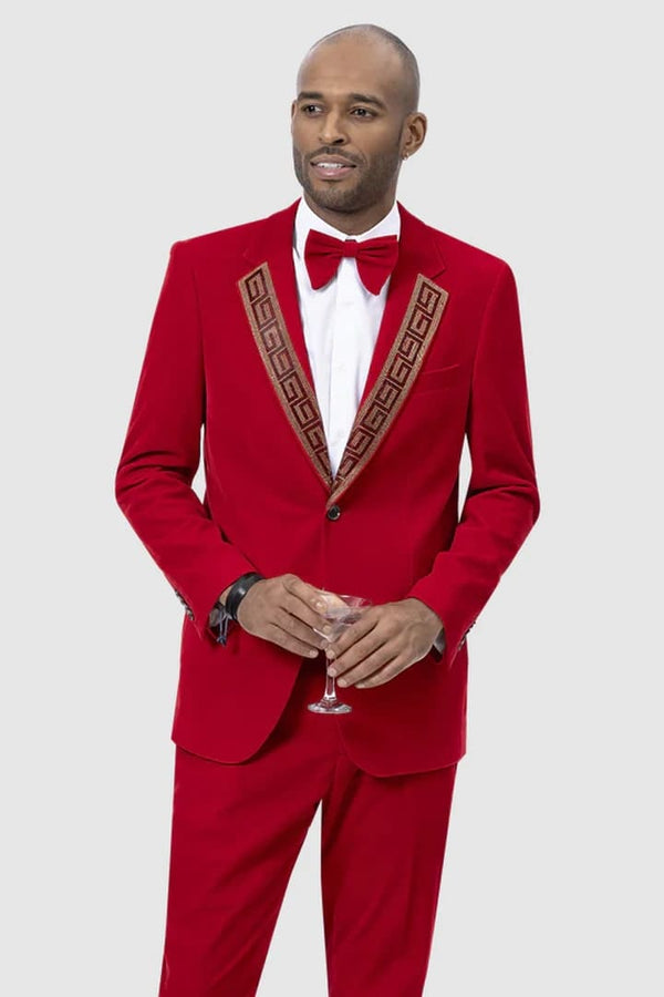 Mens Modern Fit Gold Sequin Lapel Red Embellishment Red Tuxedo