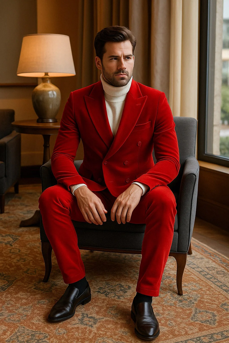 Men's slim fit red velvet double-breasted suit. Peak lapel, high collar, front flaps, and matching slim-fit trousers. Soft, plush fabric.
