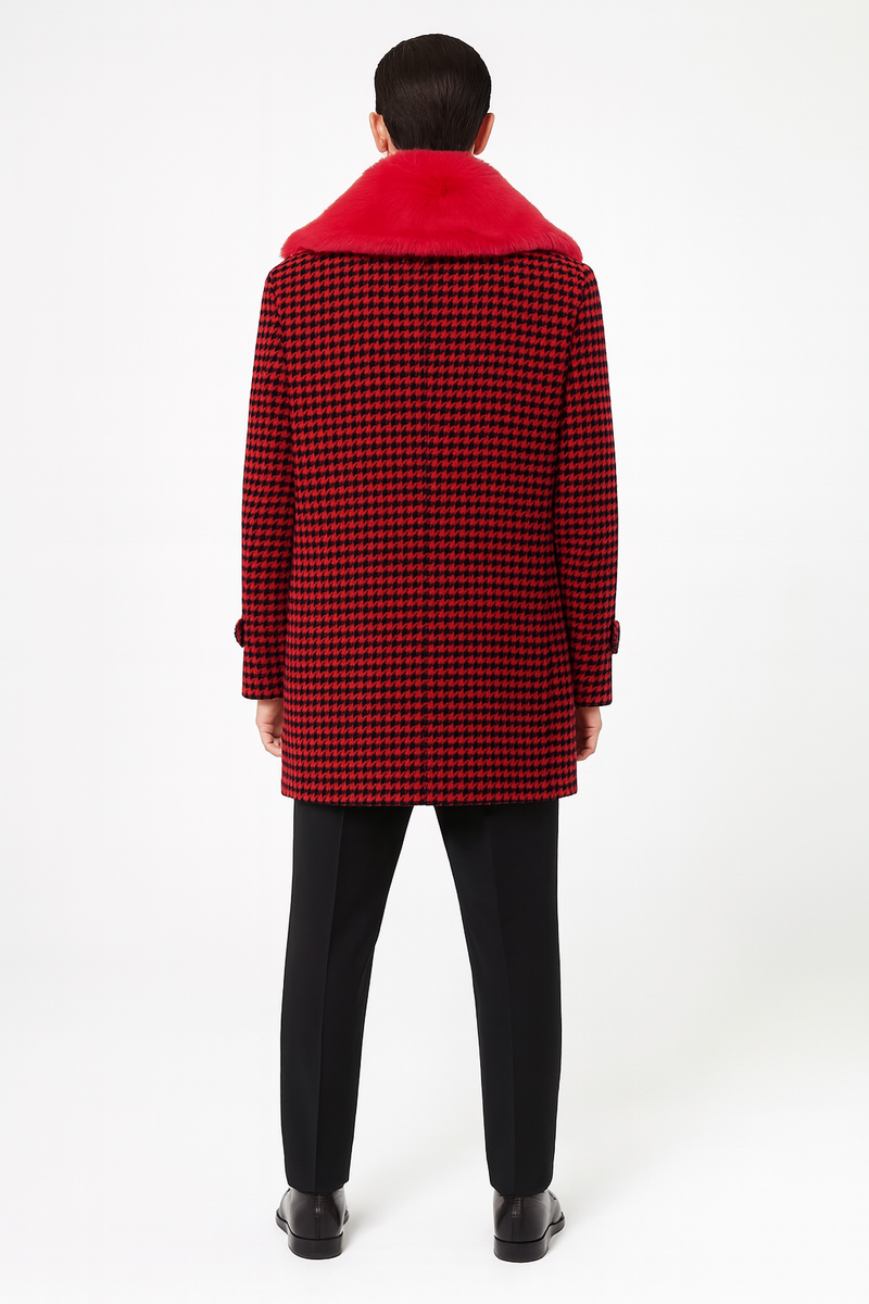 Men's red/black houndstooth overcoat with faux fur shawl collar. Structured, straight cut with long sleeves. Classic pattern, collar adds textural contrast.
