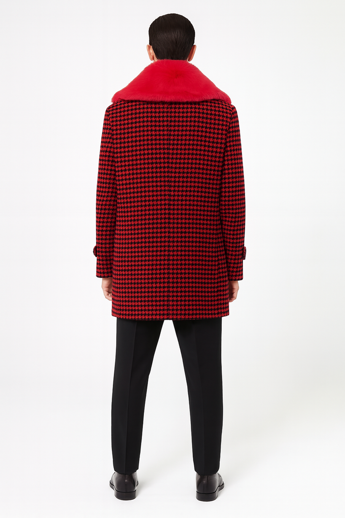 Men's red/black houndstooth overcoat with faux fur shawl collar. Structured, straight cut with long sleeves. Classic pattern, collar adds textural contrast.
