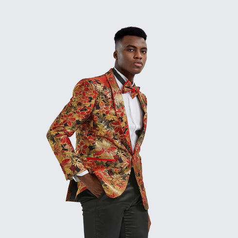 Gold Suit For Prom - Gold Blazer + Matching Pants + Red & Gold Floral Tuxedo Jacket Slim Fit - Wedding - Prom