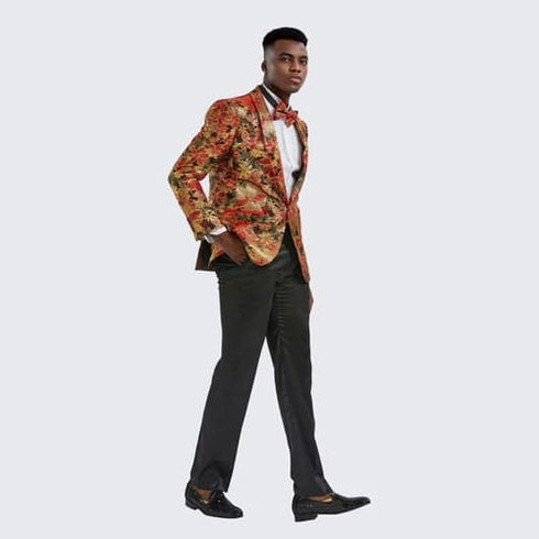 Gold Suit For Prom - Gold Blazer + Matching Pants + Red & Gold Floral Tuxedo Jacket Slim Fit - Wedding - Prom