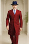 Men's red pinstripe suit with long coat, white stripes, peaked lapels, and double-breasted design. Classic and structured fit.
