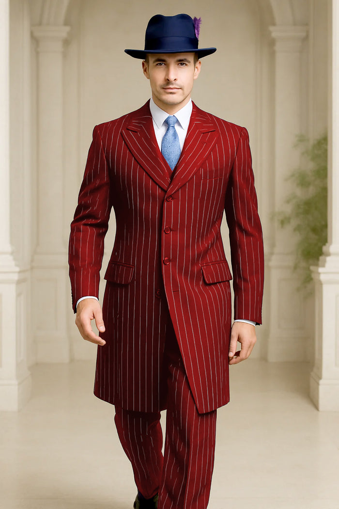 Men's red pinstripe suit with long coat, white stripes, peaked lapels, and double-breasted design. Classic and structured fit.

