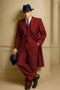 Men's red pinstripe suit: long coat, tailored jacket, trousers, waistcoat. Smooth fabric, white stripes. Classic notched lapel, long sleeves. Loose-fit trousers. Black shoes, blue tie complete the look.
