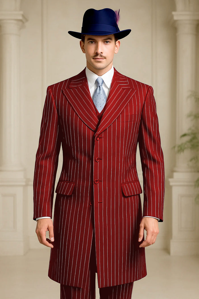 Red pinstripe suit for men. Long coat with white stripes, structured silhouette, wide lapels, and two front pockets. Single-breasted, three-button closure. Tailored fit with bold red fabric.
