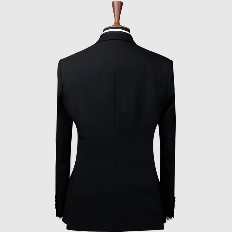 Black suit jacket with a fitted silhouette and structured shoulders, featuring a single vent at the back. The fabric appears smooth and possibly made from a wool blend. The collar is notch-style, complementing the jacket's formal design.