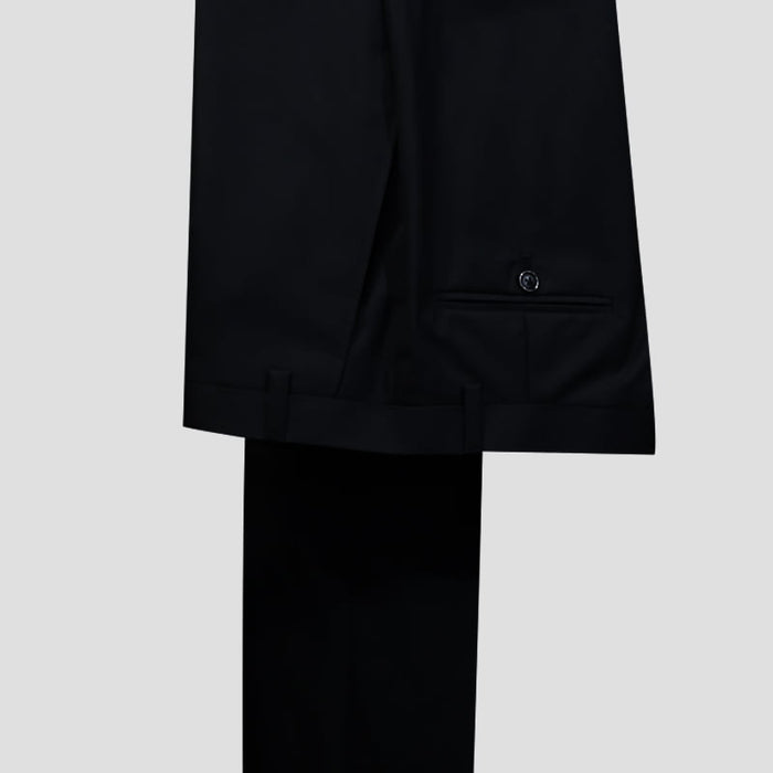 Black suit featuring a gray plaid vest by Alberto Nardoni. The suit jacket is tailored with a structured silhouette, and the gray vest displays a distinct plaid pattern. The ensemble consists of a matching black pants component and coordinating elements.