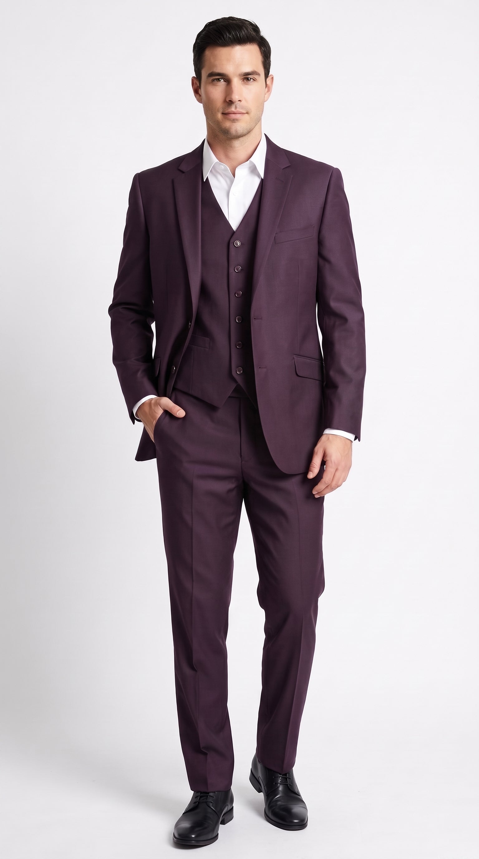 Men’s Plum Modern Fit Suit, Tailored Formal Wedding Business 3 Piece Dress Suit