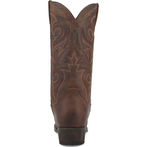 Dan Post Renegade Bay Apache cowboy boot. Brown leather with rugged texture and decorative stitching. Tall shaft, pointed top. Elevated, squared heel for stability.
