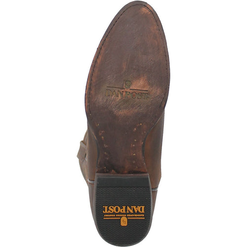Dan Post Renegade Bay Apache cowboy boot. Dark brown leather upper with a rounded toe. Durable sole with structured heel and textured surface. Gold logo on heel. Visible stitching details.
