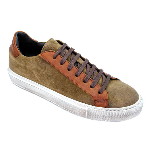 Men's Belvedere Rino sneaker in cognac. Low-top, waxed brown suede with leather accents. Rounded toe, white rubber sole. Features brown laces and stitching for a refined casual look.
